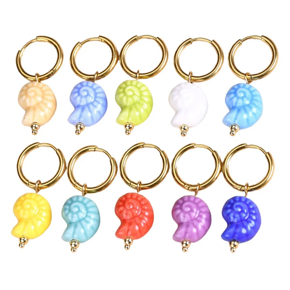 Cute Candy Color Sea Snail Charms Dangle Hoop Earrings for Women Stainless Steel Huggie Marine Organism Summer Beach Ear Jewelry 3