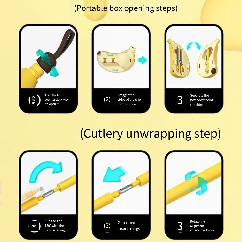 Portable Cartoon Banana Cutlery Set Mini Cute Spoon Chopsticks Set Snap Silent 304 Stainless Steel Travel Flatware Outdoor