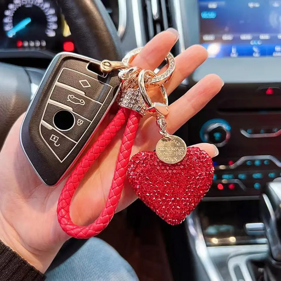 CHUQING Sparkly Heart Keychain With Rhinestones – Black Braided Lanyard, Car Key Ring For Women, Gift Ready