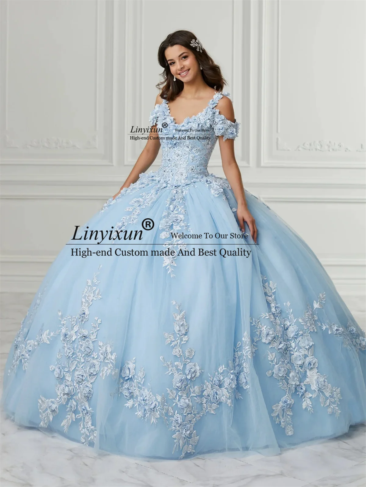 

Princess 3D Floral Quinceanera Dresses Lace Appliques Ball Gown Sweet 16 Dress Lace Up Court Train Vestidos De 15 años