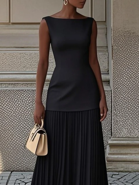 Robe longue plissée patchwork chic et élégante pour femme, sans manches, taille haute, pour soirée, club, bal de promo