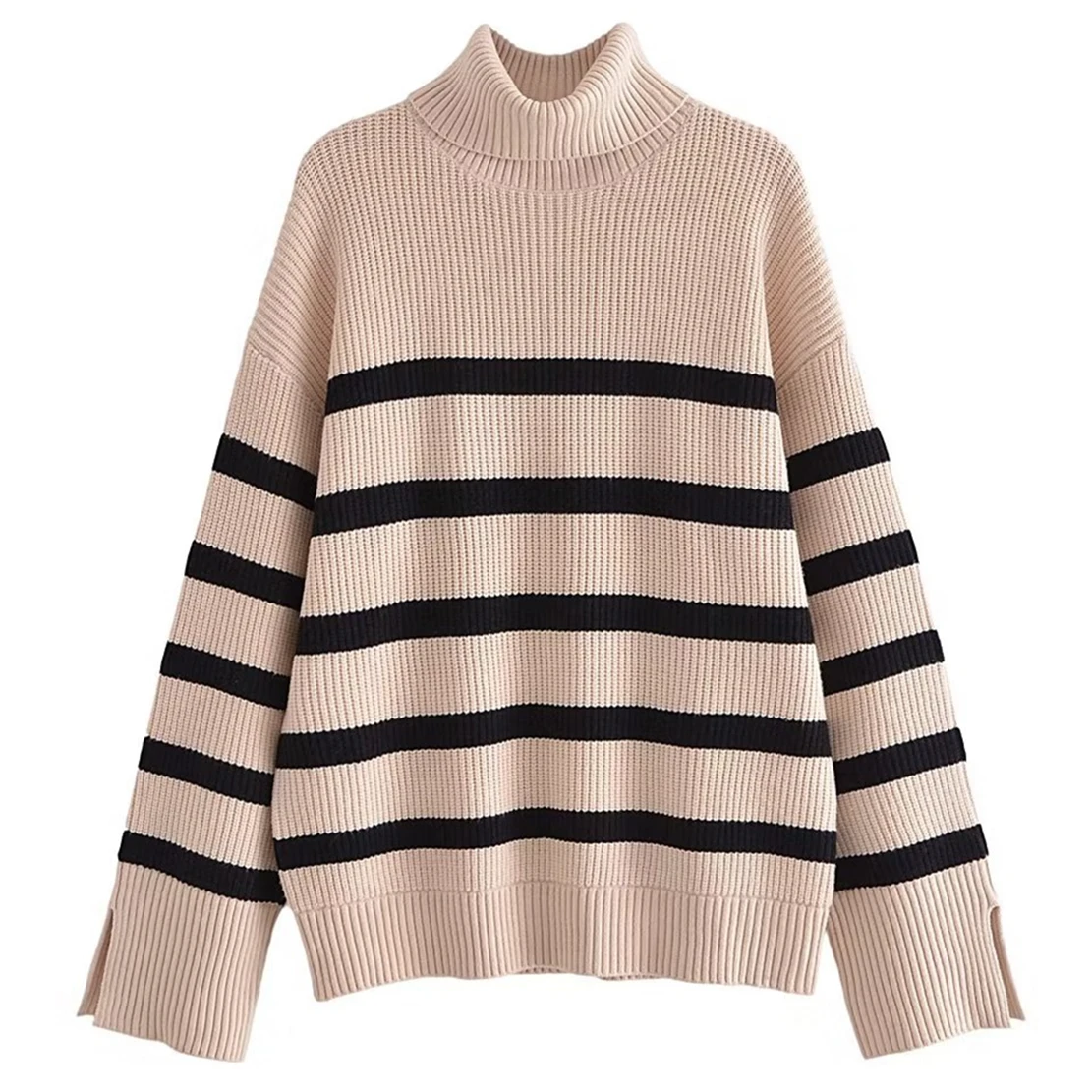 

Dave&Di Knitwear Loose Sweaters Pullovers Women Fashion Turtleneck Striped Sweaters