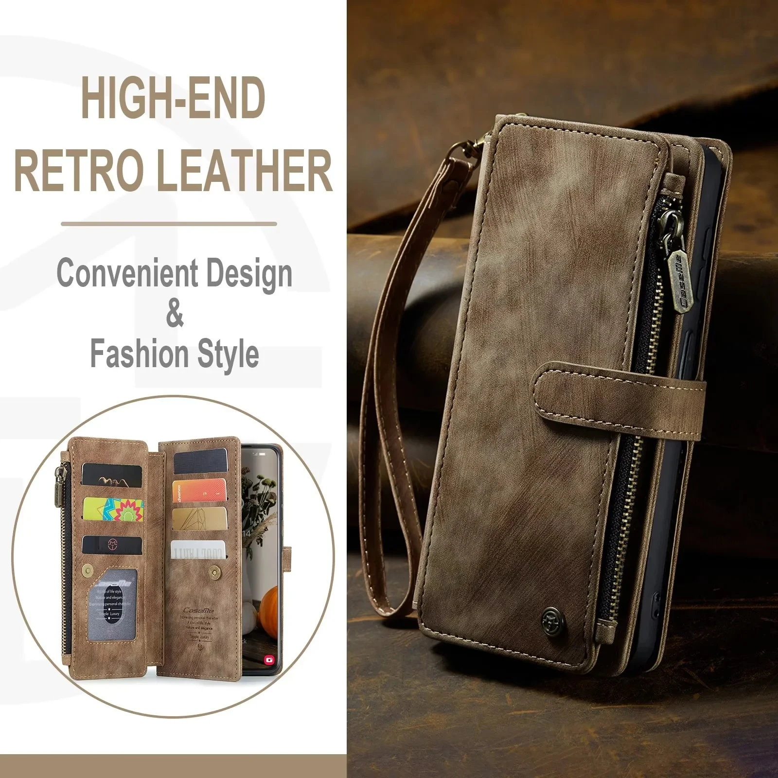 Elegant PU Leather Wallet Case with Card Holder and Strap, Book Flip Design