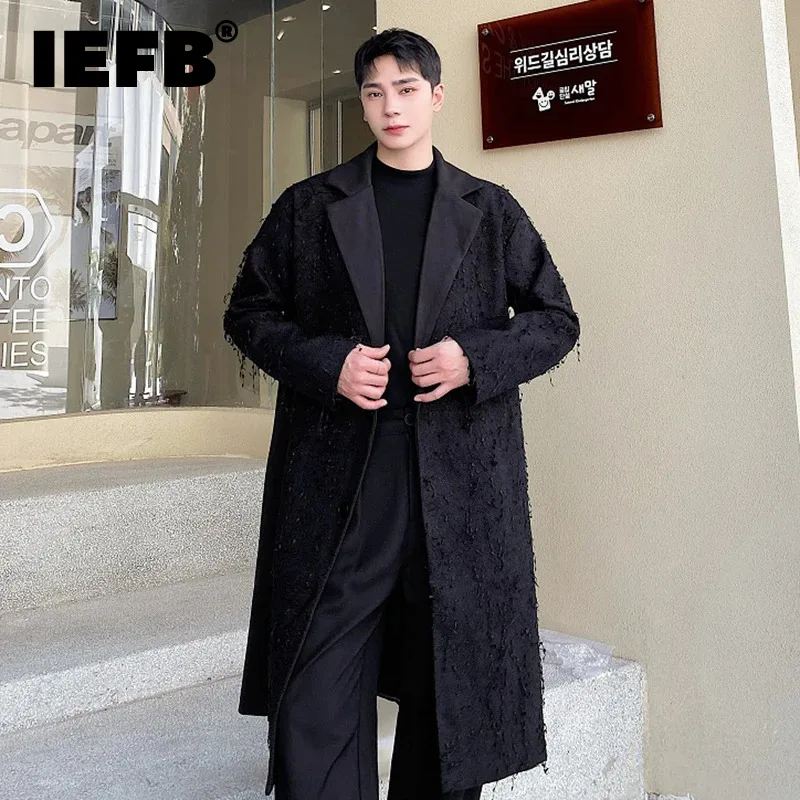 

IEFB Men's Long Coat Autumn Winter Woolen Clothing Double Sided Cashmere Spliced OverCoat Niche Design Trend Korean Style 9C2966