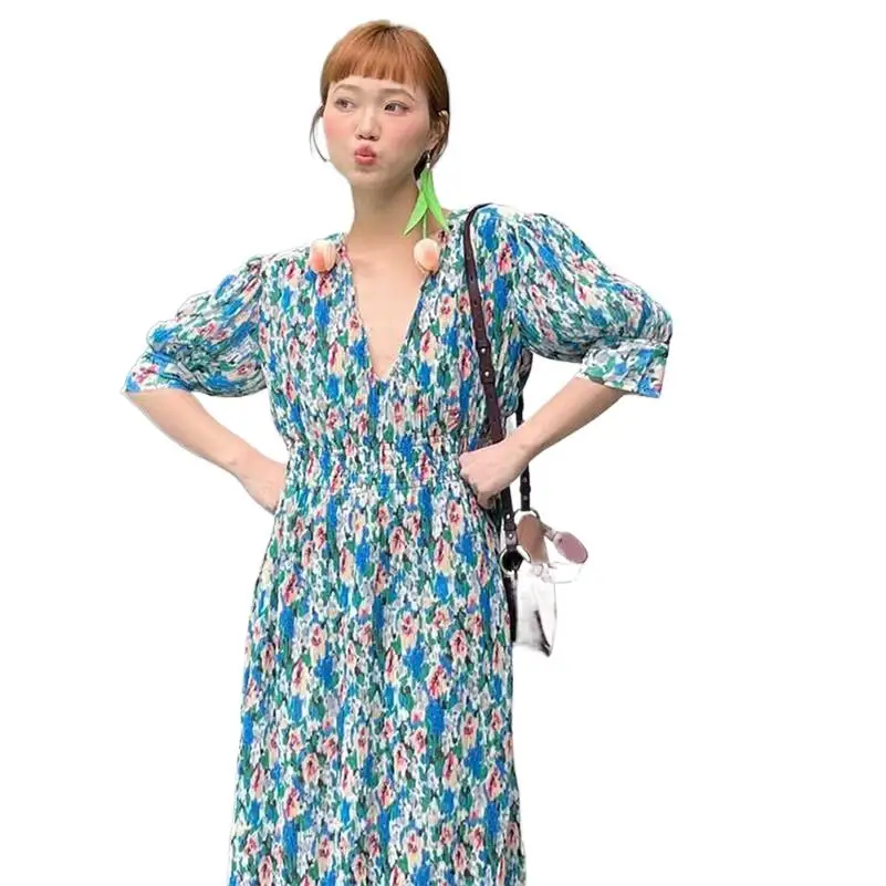 

2024 Korean Style Spring New Elegant Women's Dress Sweet Floral Dress Puff Sleeve V-Neck Chiffon Prairie Chic Vintage Vestidos