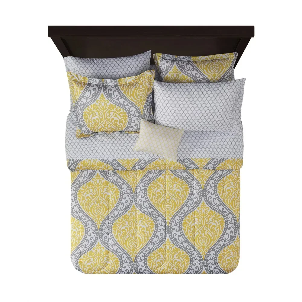 

Yellow Damask 8 Piece Bed in a Bag Bedding Set Nordic Quilt With Filling for Quilt Double Full Freight Free Bed Duvet 2 People