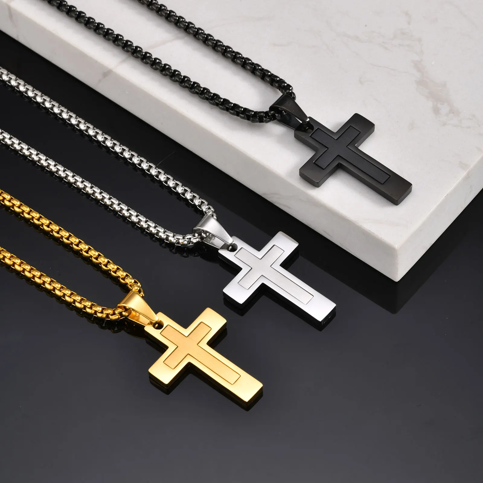 Halsketten mit Kreuz-Anhänger für Männer und Jungen, wasserdichte Halskette aus Edelstahl, christlicher religiöser Glaube, Gebetsschmuck, Geschenk