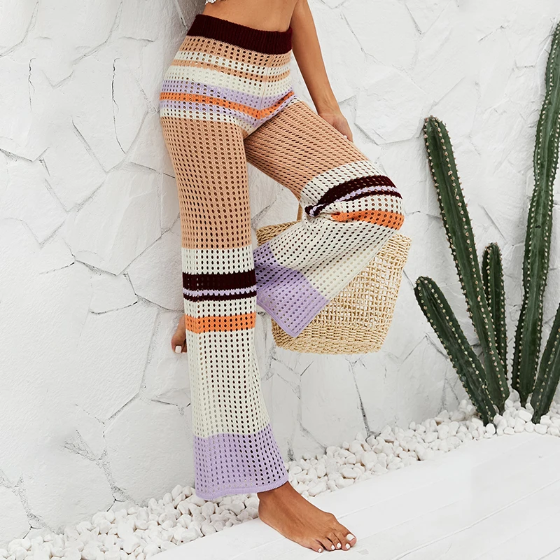 

2022 Women Knitted Casual Pants, Splicing Color Hollow-Out Mesh Middle-Waisted Straight-Leg Trousers for Girls, S/M/L/XL