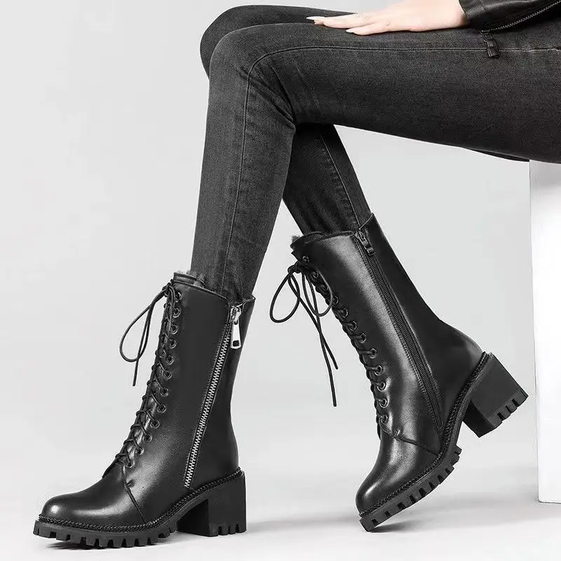 2024 New Winter Motorcycle Boots Buckle Women British Style Mid-calf Women's Short Boot Gothic Square Heel Women Shoes Plus Size