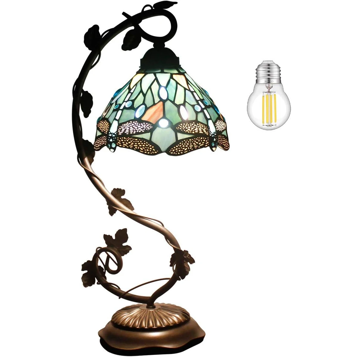 

WERFACTORY Tiffany Lamp Sea Blue Stained Glass Dragonfly Style Desk Reading Light, Metal Leaf Table Lamp Base 8X11X21 Inches