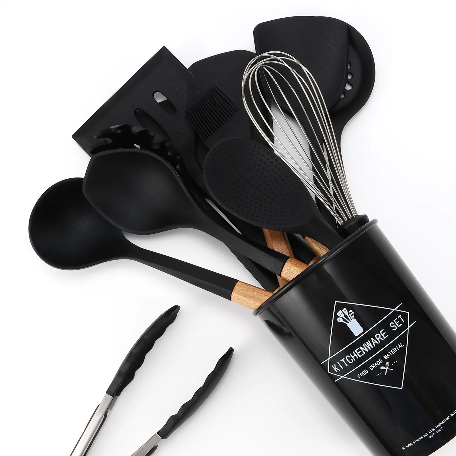 Black Food Grade 1Pcs Silicone Kitchen Utensils Set Non-Stick Cookware Wooden Handle Spatula Egg Beaters Kitchen Accessories kitchen utensils