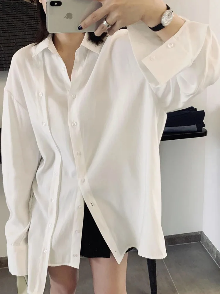 

[EWQ] Japan Style Chiffon Irregular Double Breasted loose Shirt White All Match Long Sleeve Blouse Women 2024 Spring Autumn 7912