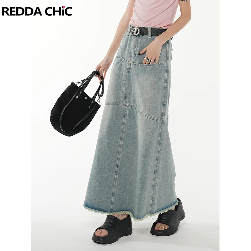 

REDDACHiC Y2K Women Vintage Korean Loose Ankle-length Denim Maxi Long Skirt Low Waist Fishtail Grunge Alt Tall Girl Jean Skirts