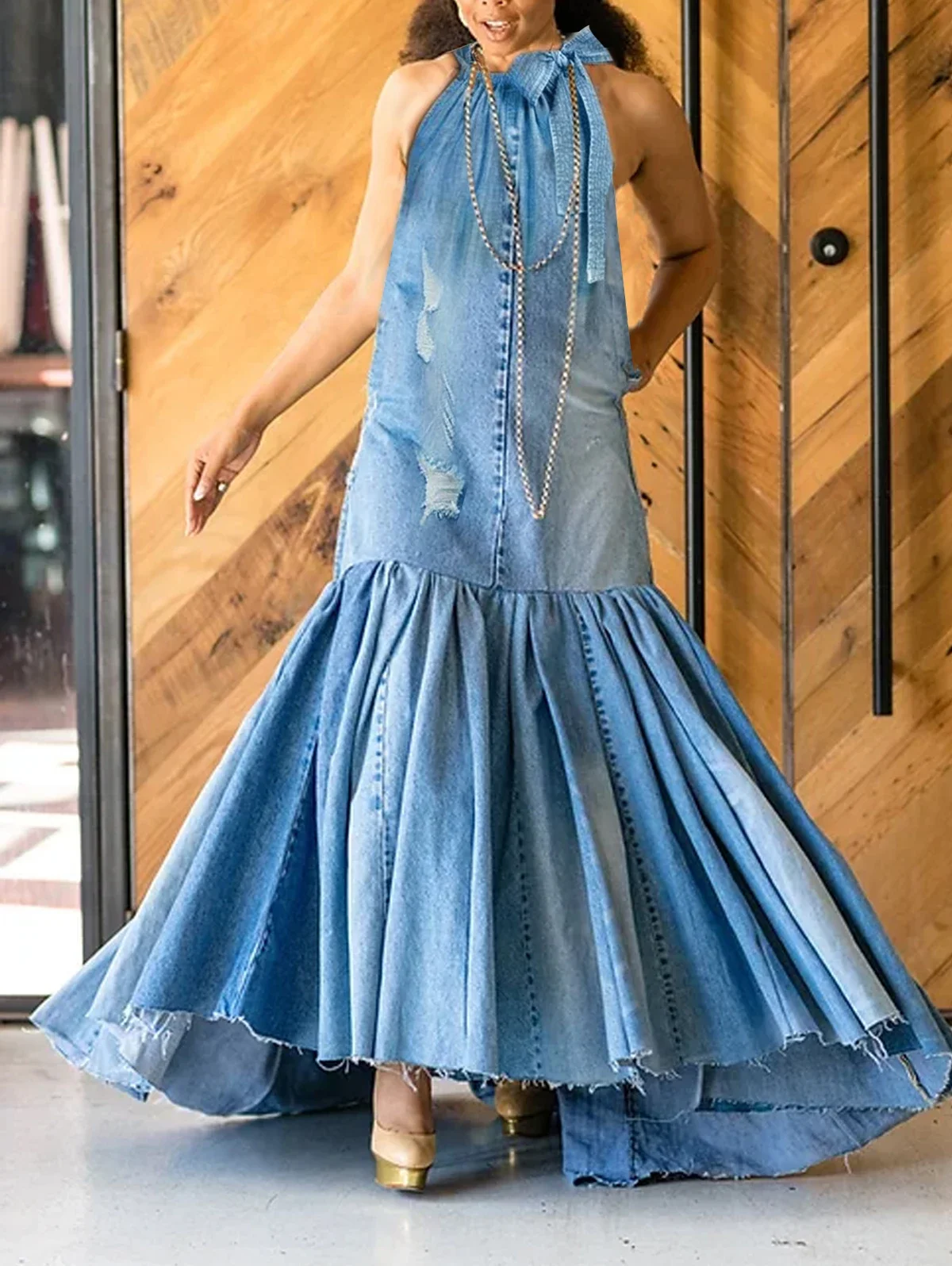 

Women's Fashion Mermaid Maxi Dress Denim Bow Halter Swing Sundress Holiday Sleeveless Robe Casual Loose Long Dress Vestidos