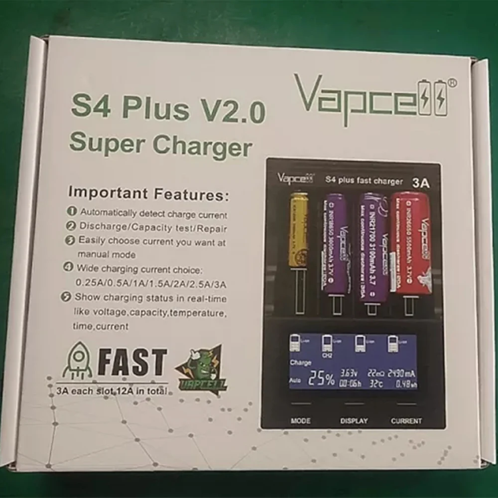 Vapcell S4+ 3.0 Version Smart Chargers with 4 Slots Max 3A Per Slot Battery Charger for 10440 14500 16340 18650 21700 26650 battery charger