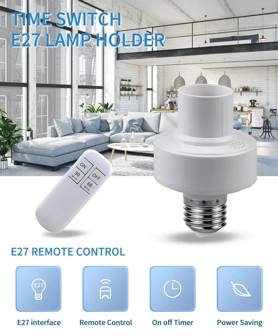 Description Picture 2 of itemE27 Smart Convertible Lamp Holder 4 Keys Remote Control Intelligent Timing Energy Saving Lamp Holder For Bedroom Living Room