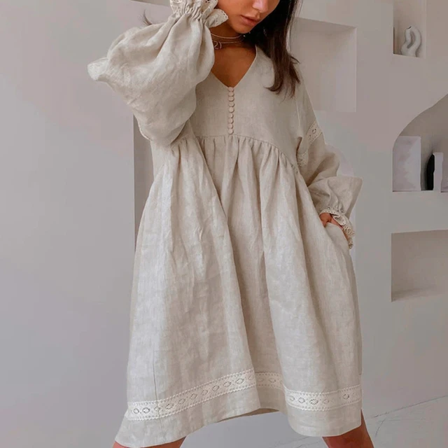 White Casual Linen Cotton Women Loose Fitting Short Sleeves Dresses Su –  SimpleLinenLife