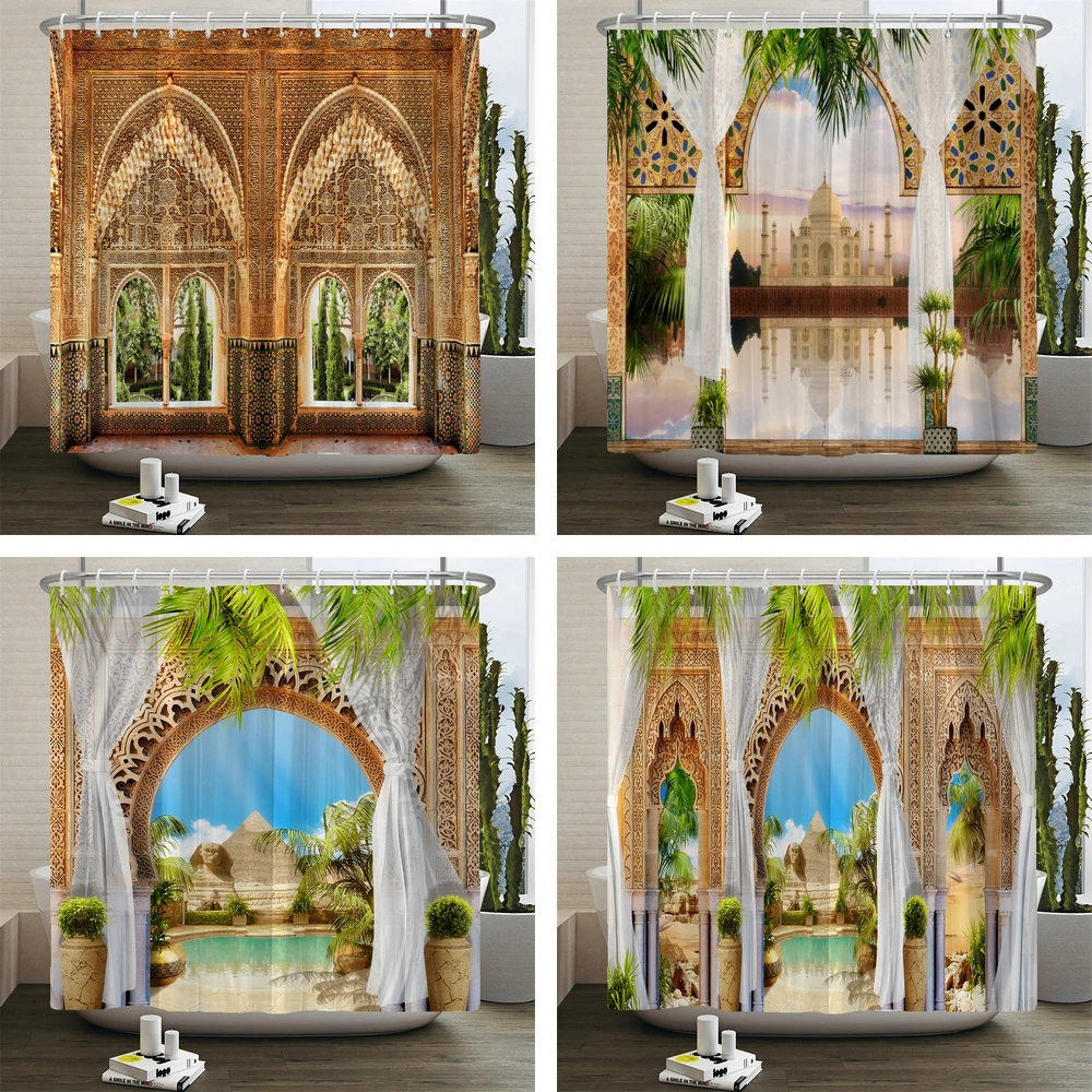 

3D Moroccan India Egypt Architectural style Printed Shower Curtain Design Entrance Bathroom Curtains Home Decoration Curtain
