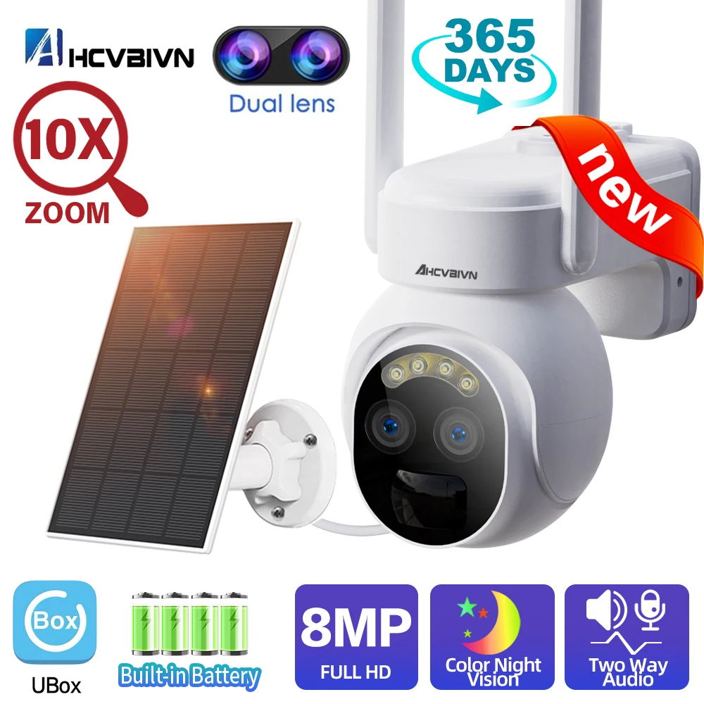 

8MP 4K Solar Wireless WiFi Camera Outdoor 10X PTZ Zoom Binocular Security Camera Battery IP Cameras Video Surveillance Dual Lens