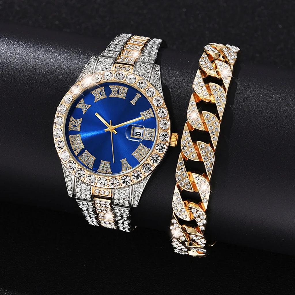 Pcs Watch+bracelet Hip Hop Stainless Steel Gold Color Calendar
