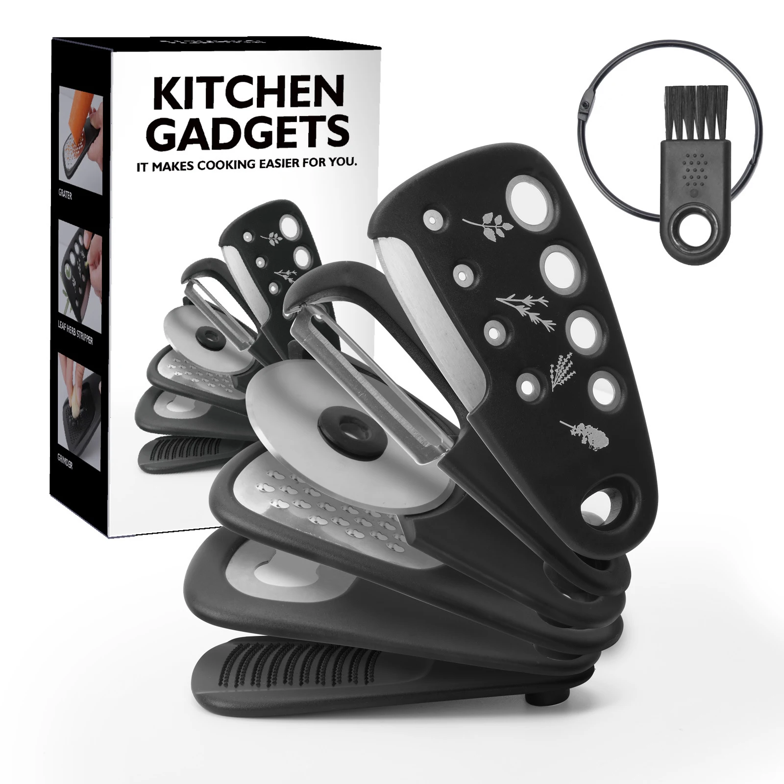 

Stackable Kitchen Gadgets 6 Pieces Peeler Vanilla Cutter Garlic Grater Can Opener Cheese Grater Pizza Cutter