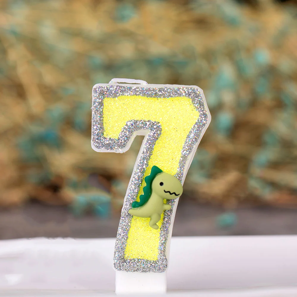 Cartoon Dinosaur Birthday Candle For Cake Yellow Green Glitter Cupcakes Topper Kids Party Number 0-9 Supplies Boys Favor Gifts