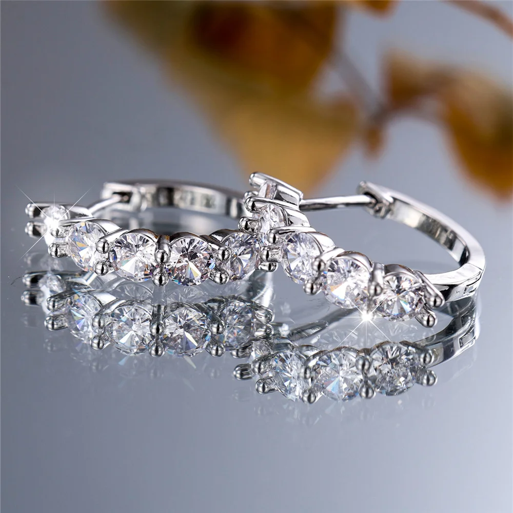 Crystal White Zircon Stone Round Hoop Earrings For Women Fashion Female Silver Color Wedding Jewelry
