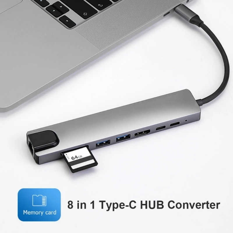 8 in 1 Multiport Adapter with Gigabit Ethernet Type-C USB Port Card Reader 601E