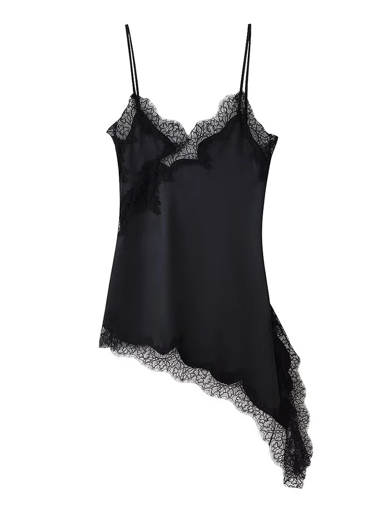 TFMLN New Sexy Lace Splice Sling Dress For Women Sleeveless Asymmetry Hem Backless V Neck Slim Dresses Chic Club Party Outfit