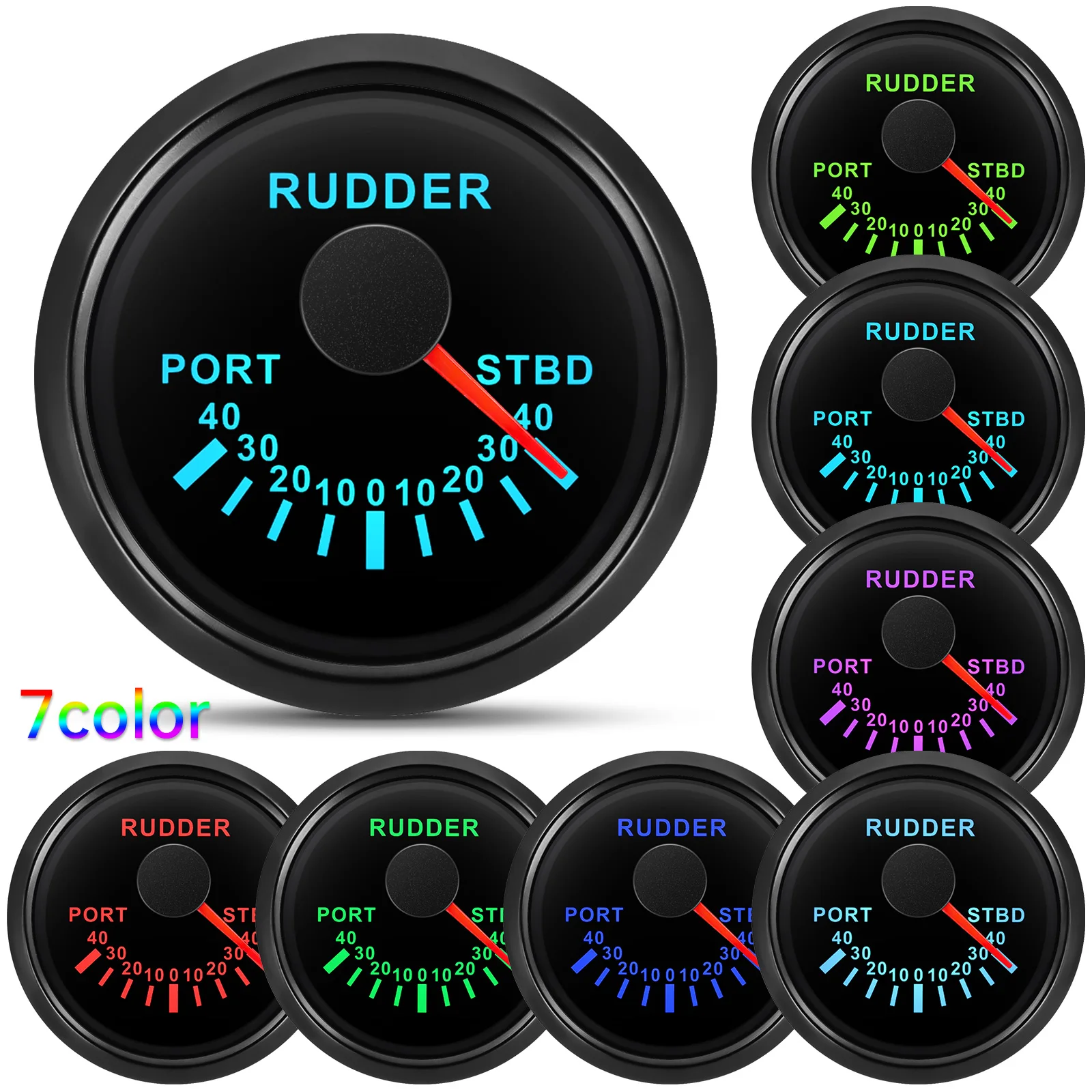 ZMFJH PORT-STBD 52mm 방향타 각도 표시기 (7색 조명 포함) 보트 해양 방향타 각도 표시 미터 0-190옴 12V 24V