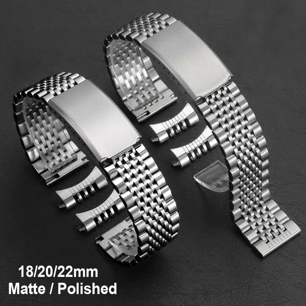 Stainless Steel Men's Replacement Watch Band - Curved/Flat End, Polished/Matte Finish