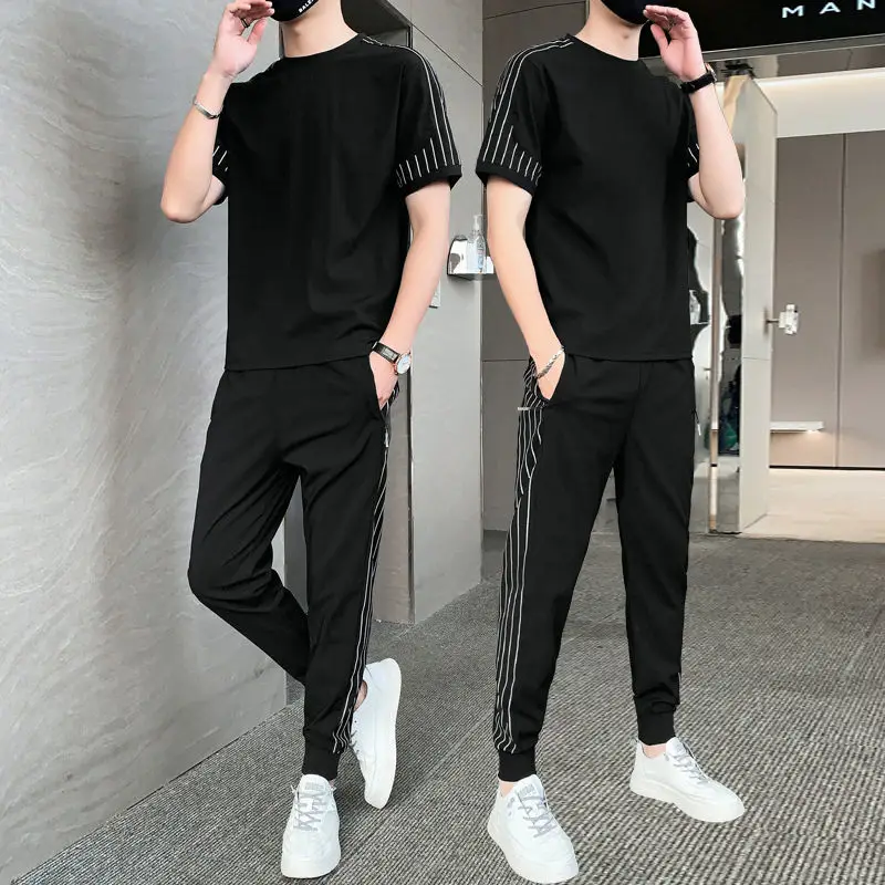

T Shirt Pants Sets Man Stretch Sports Suits Cheap Xl Summer Men's Clothing Smooth Top Baggy Loose Basic Regular Fit Tracksuit O