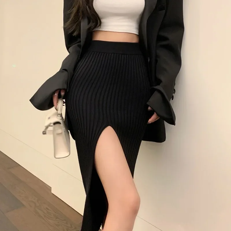 Zik Hekiy Sexy Split Bodycon Long Skirt for Women Elegant Slim Fit High-Waisted Skirts Female Pure Knitted Skirt