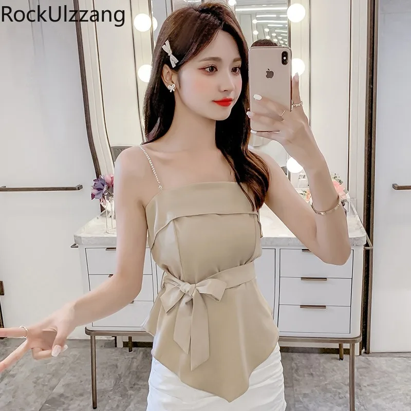 Crystal Rhinestone Strap Camis with Belt Lace-Up Bow Fashion Chiffon Blusas Summer Boho Elegant Sexy Korean Women - AliExpress