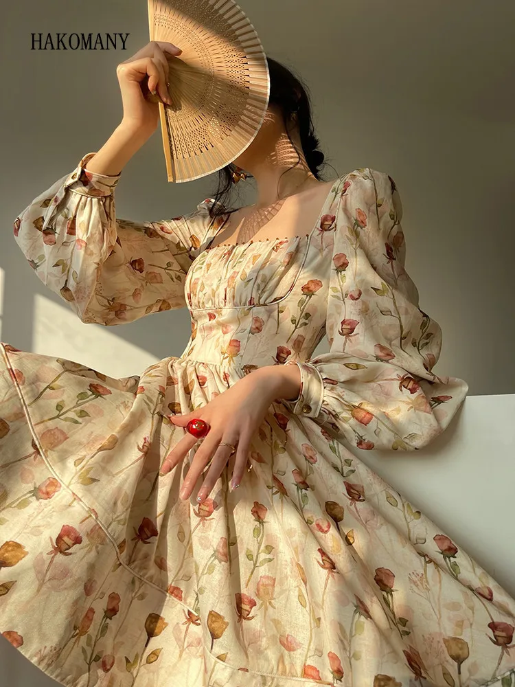 

Women Corset Style Ruched Square Collar Pleated Hem Swing Mini Robe Fairy Retro French Style Flower Print Full Puff Sleeve Dress