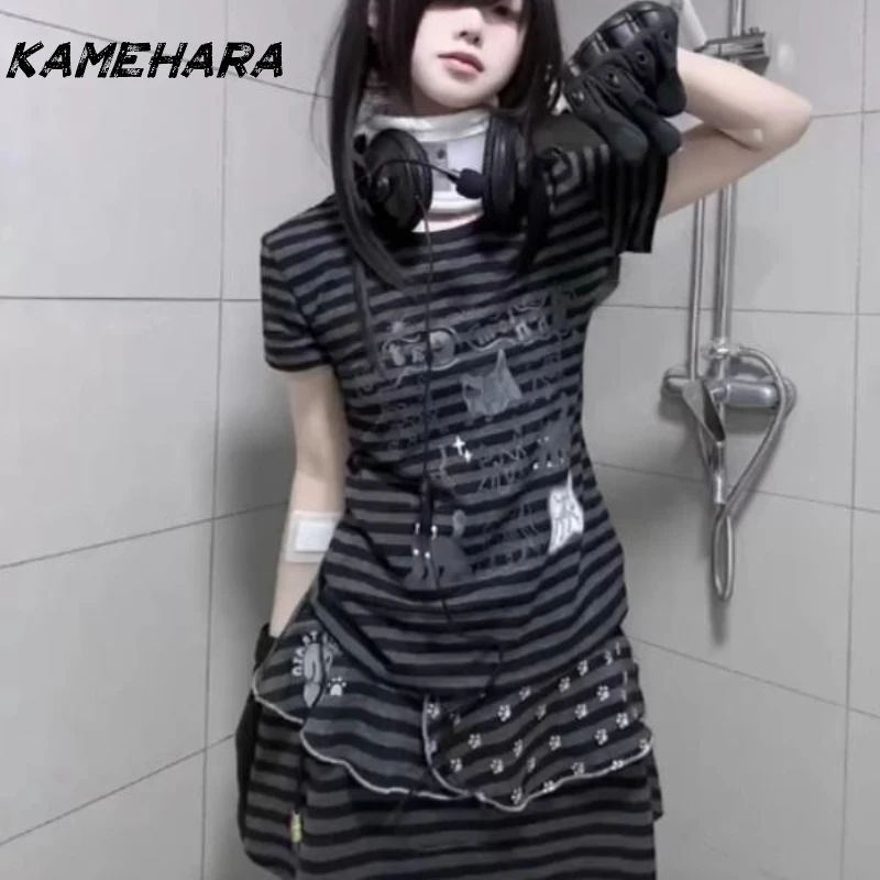 KAMEHARA 일본 빈티지 서브컬쳐 티셔츠 폴카 스트라이프 스퀘어 칼라 반소매 튜닉 티셔츠 캐주얼 Y2k 하라주쿠 시크 탑 - AliExpress