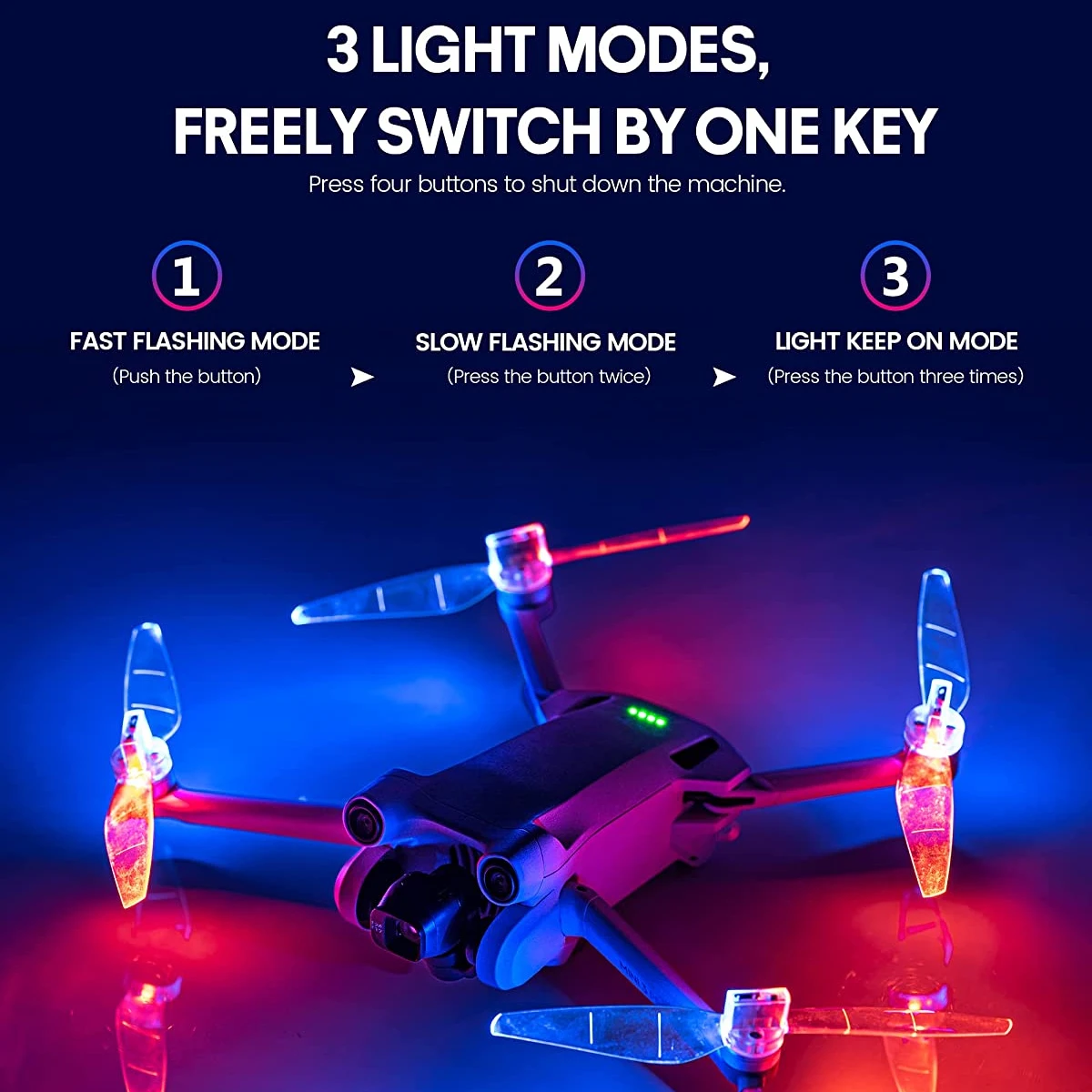 Achetez des Hélices LED Flash pour DJI Mini 3 Pro, idéales pour vol de nuit silencieux.