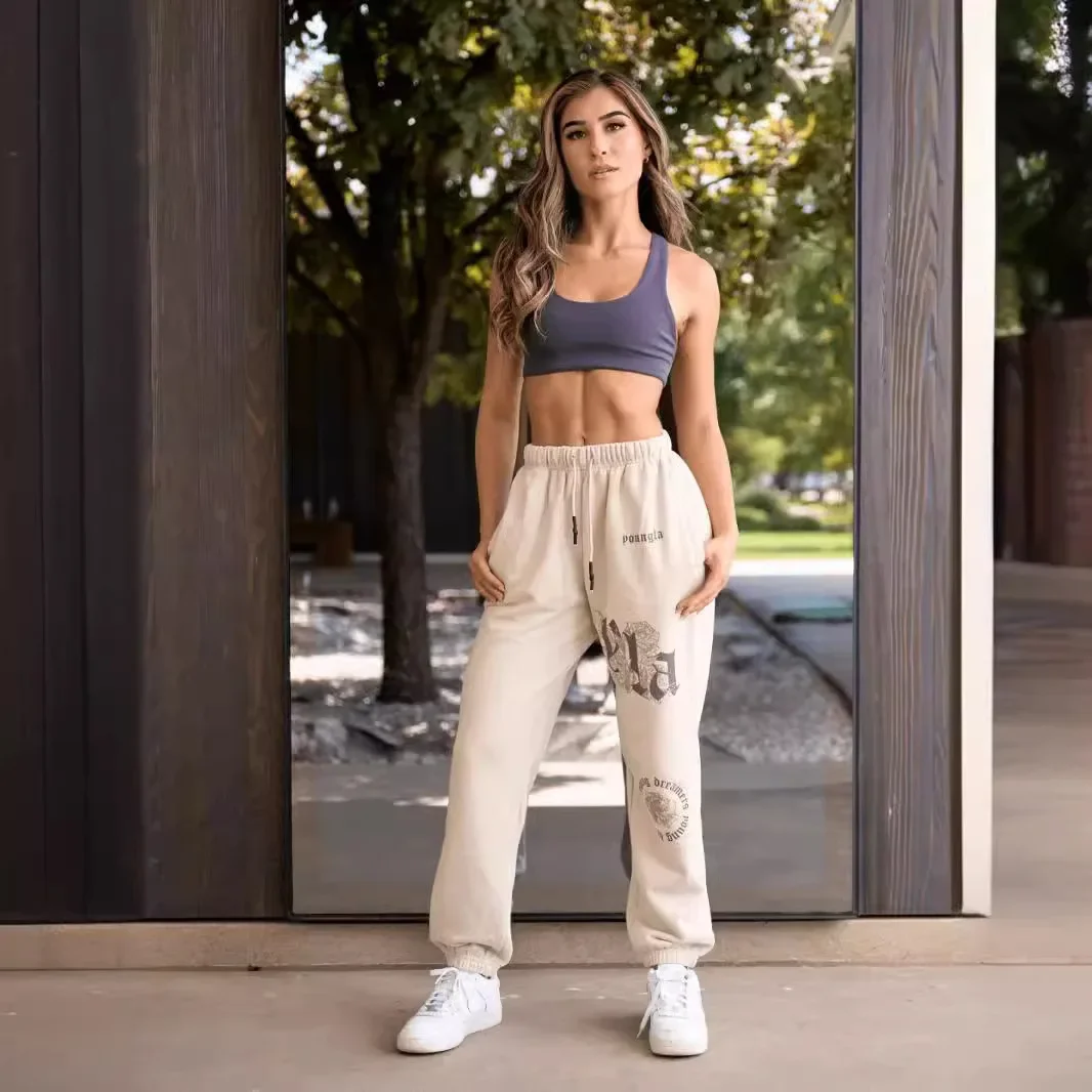 American Style Sweatpants Men Women's Fitness Gym Beauty Running Training Pants Cotton Twill Printed Trousers Trendy
