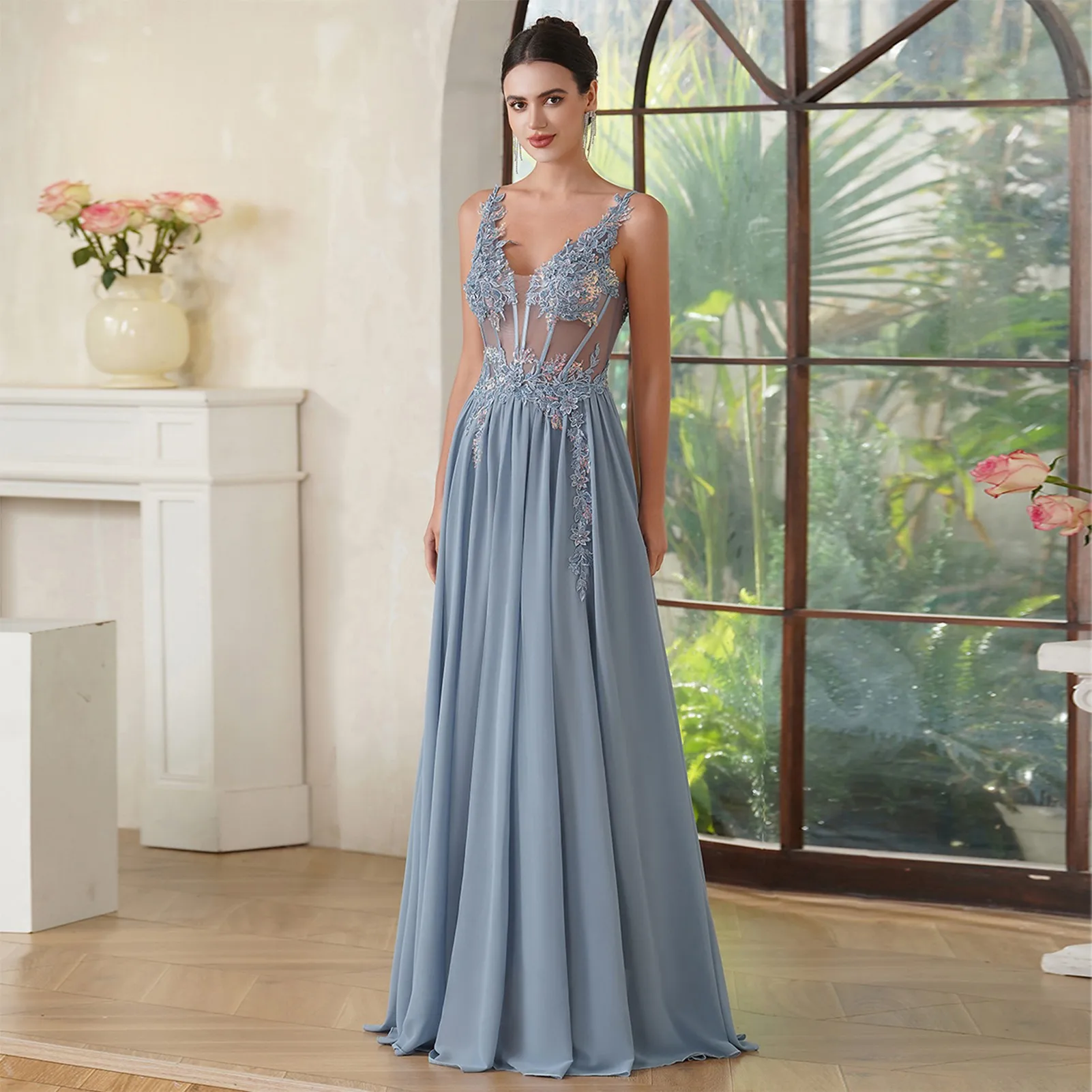 Women's Sexy Floral Lace Long Dress with Fish Bone Dusty Blue