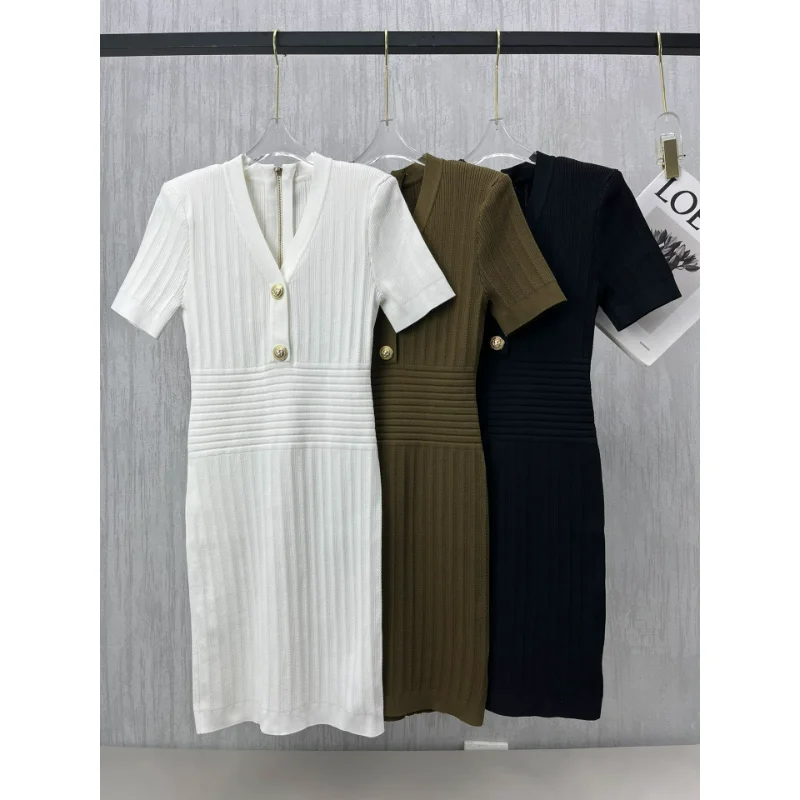 

Hot Sale Women Clothes Short Sleeve V-neck Black Army Green White Mini Knitted Dresses