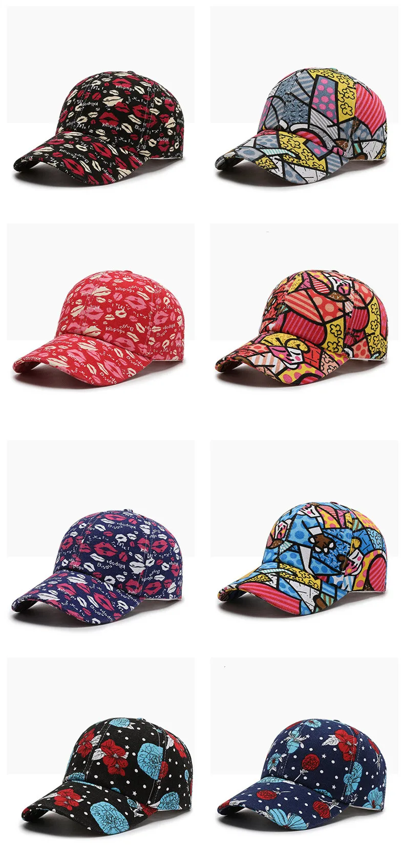 New Women Men Cartoon Print Baseball Caps Female Male Lip Four Seasons Faloral Visors Snapback Cap Hat For Women Men baseball flat cap