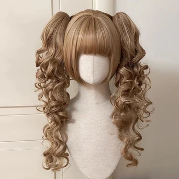 Parrucca Sintetica Lolita con Doppia Coda di Cavallo e Frangia, Taglio Principessa, Ombre Biondo Marrone Bianco Grigio, per Cosplay Halloween Harajuku