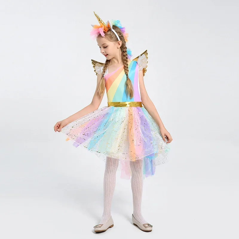 

Rainbow Unicorn Dress Party Dress With Headband Halloween Christmas Cosplay Costume Kids Dresses Girls' Dress + Headband + Wing
