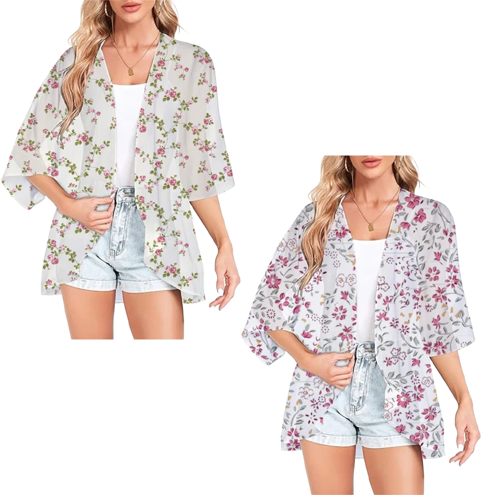 

Boho Floral Printing Kimono Half Sleeve Chiffon Cover Up Summer Beach Swimwear Tees Kimono Swimwear Coat Beach Blouse Shirts