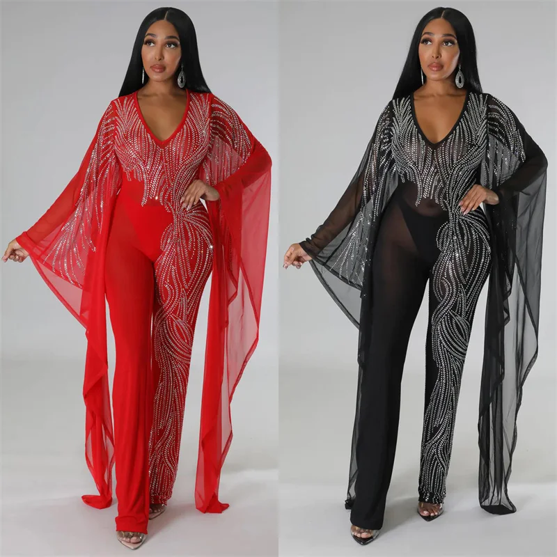 Sexy Sparkly Crystal Diamonds Evening Jumpsuit Birthday Outfits for Women Party Night Mesh Sheer Bodycon Rompers Womens Jumpsuit
