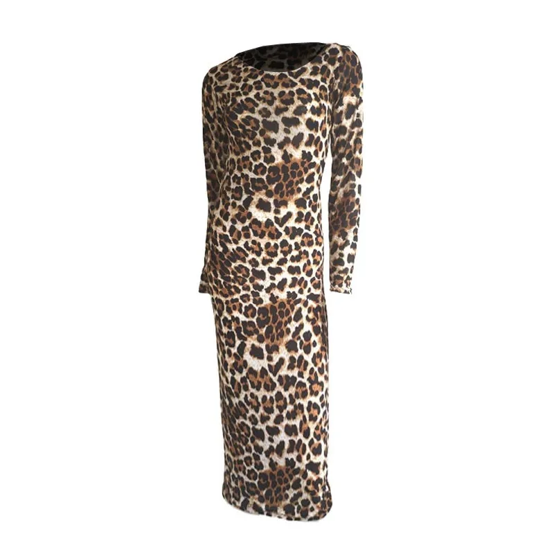 B106 round neck long sleeve super long dress leopard print