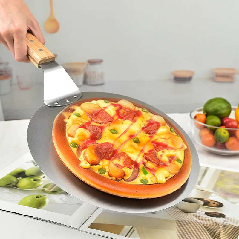 10/12inch Pizza Shovel Pastry Tools Stainless Steel Wooden Handle Peel Round Anti-scalding Pan Bakeware Maker