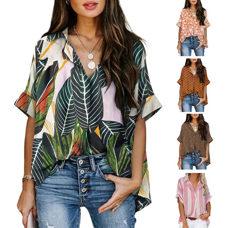 

2022 elegant shirt summer new three-dimensional printing half-open V-neck shirt loose floral short-sleeved chiffon top