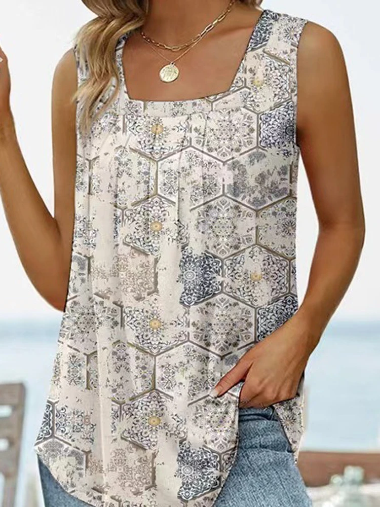 Women Floral Print Sleeveless Loose Fit Summer Vest Top