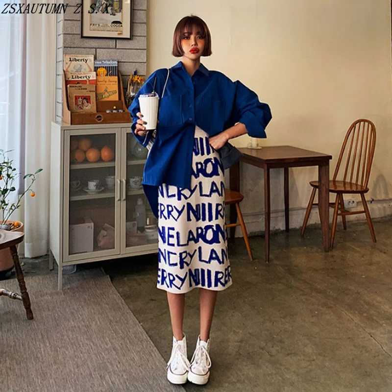 

Korean Women's Spring Summer New Split Letter Knitted Half Skirt Women High Waist Elegant Fashion Hip Wrap Skirt Vintage A Line